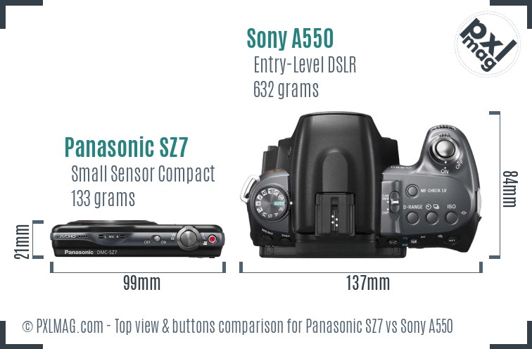 Panasonic SZ7 vs Sony A550 top view buttons comparison
