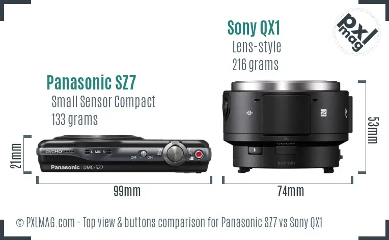 Panasonic SZ7 vs Sony QX1 top view buttons comparison