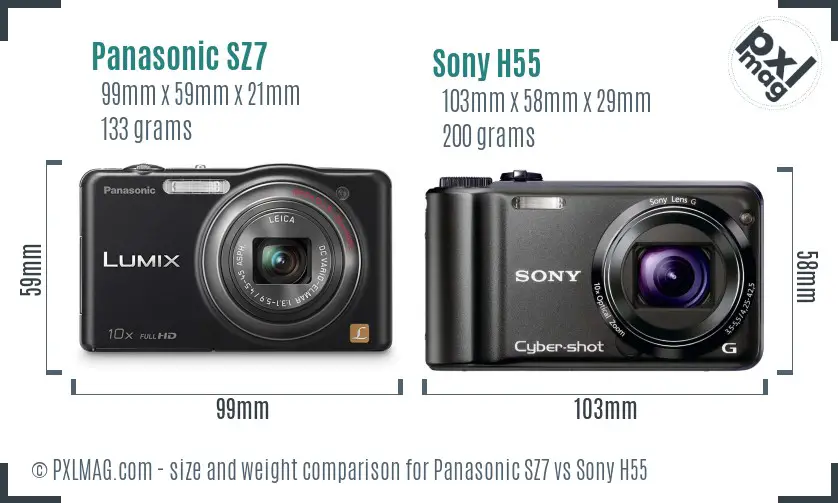 Panasonic SZ7 vs Sony H55 size comparison