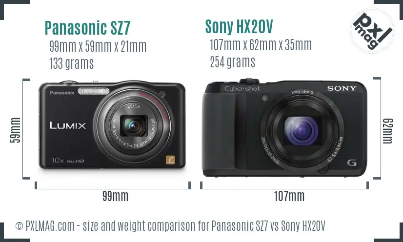 Panasonic SZ7 vs Sony HX20V size comparison