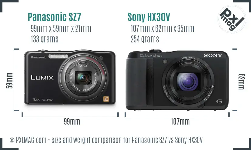 Panasonic SZ7 vs Sony HX30V size comparison