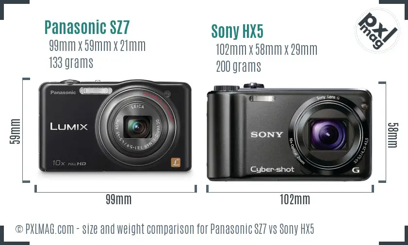 Panasonic SZ7 vs Sony HX5 size comparison