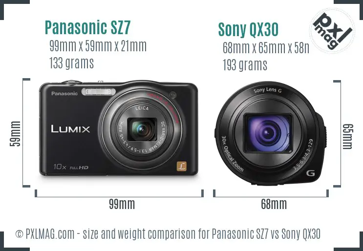Panasonic SZ7 vs Sony QX30 size comparison