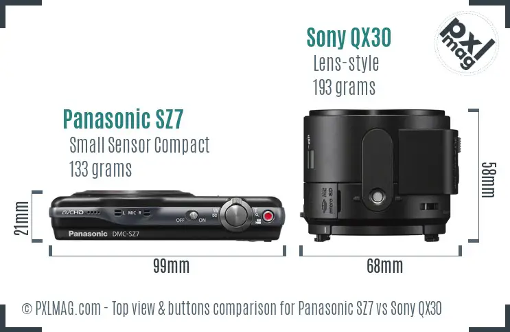Panasonic SZ7 vs Sony QX30 top view buttons comparison