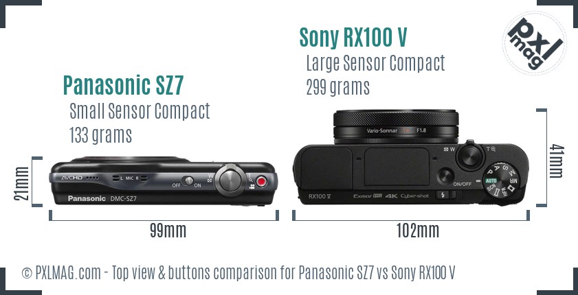 Panasonic SZ7 vs Sony RX100 V top view buttons comparison