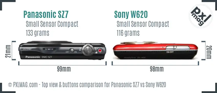 Panasonic SZ7 vs Sony W620 top view buttons comparison