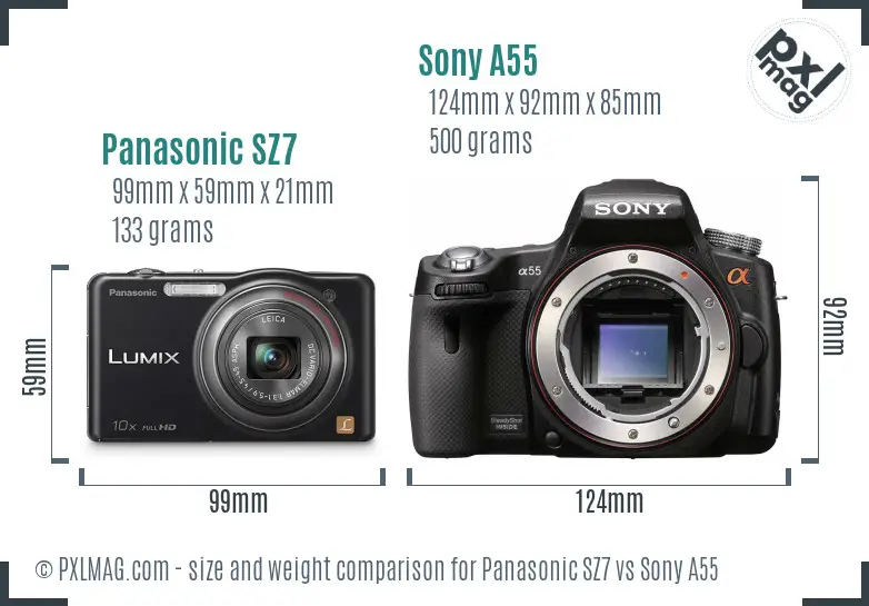 Panasonic SZ7 vs Sony A55 size comparison