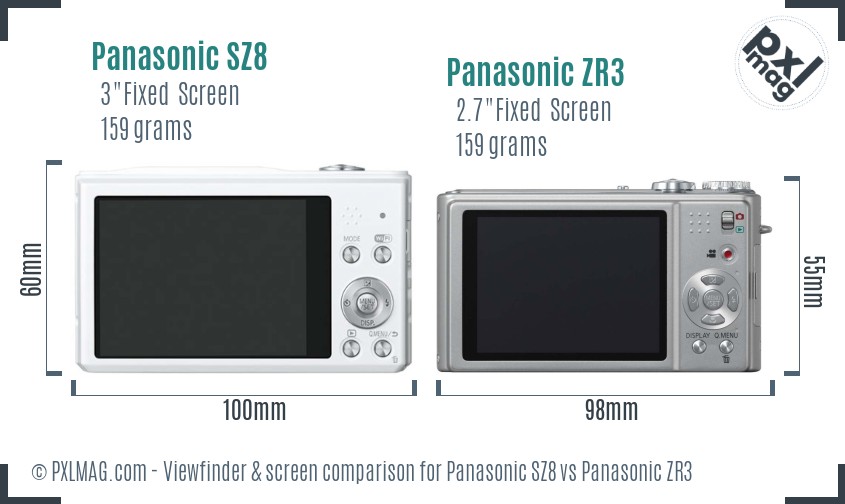 Panasonic SZ8 vs Panasonic ZR3 Screen and Viewfinder comparison