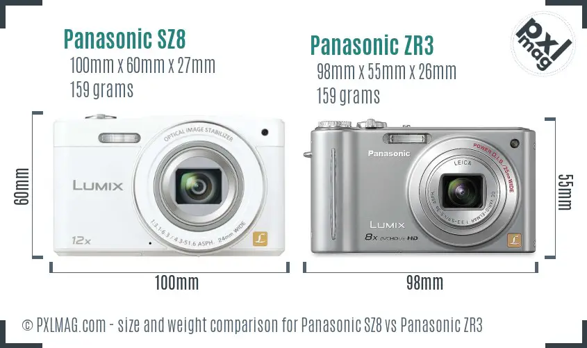 Panasonic SZ8 vs Panasonic ZR3 size comparison