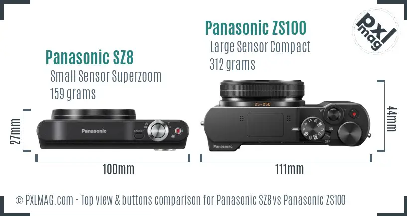 Panasonic SZ8 vs Panasonic ZS100 top view buttons comparison