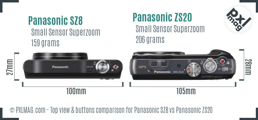 Panasonic SZ8 vs Panasonic ZS20 top view buttons comparison