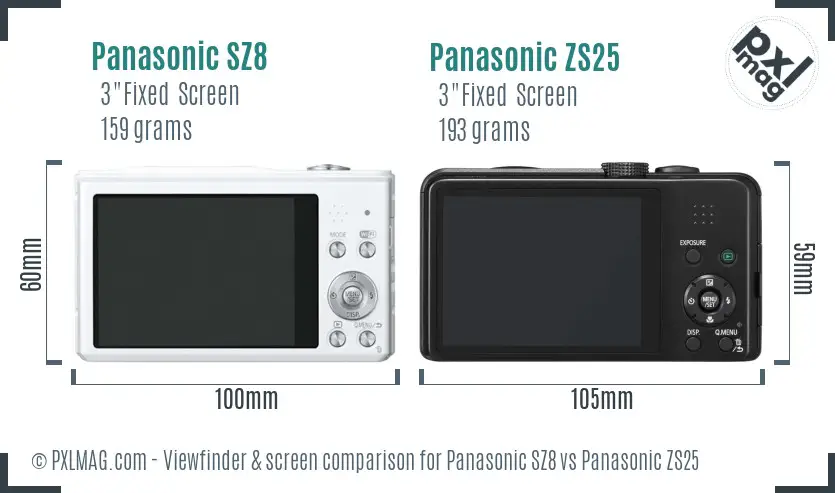 Panasonic SZ8 vs Panasonic ZS25 Screen and Viewfinder comparison