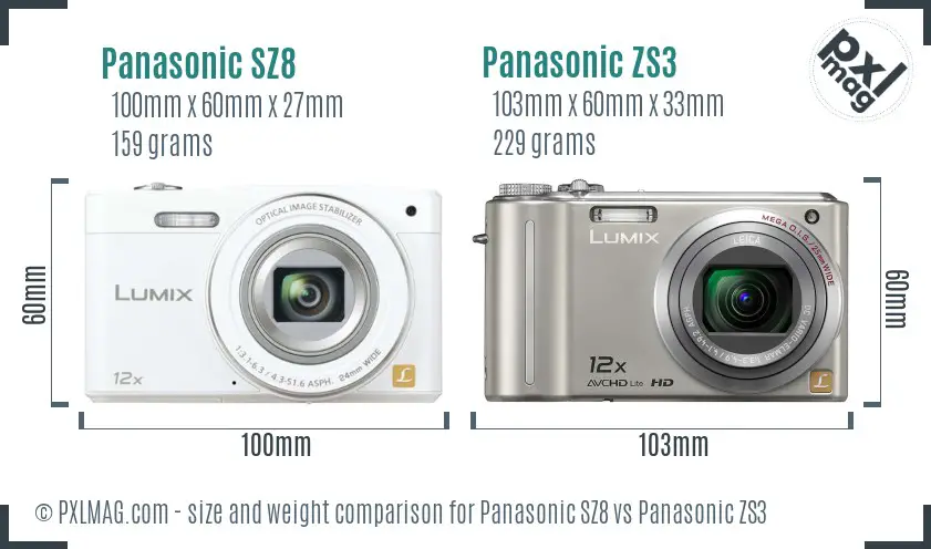 Panasonic SZ8 vs Panasonic ZS3 size comparison