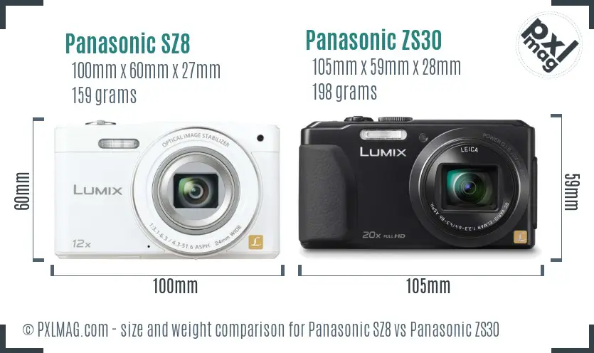 Panasonic SZ8 vs Panasonic ZS30 size comparison