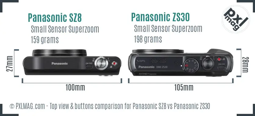 Panasonic SZ8 vs Panasonic ZS30 top view buttons comparison