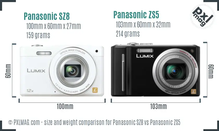 Panasonic SZ8 vs Panasonic ZS5 size comparison
