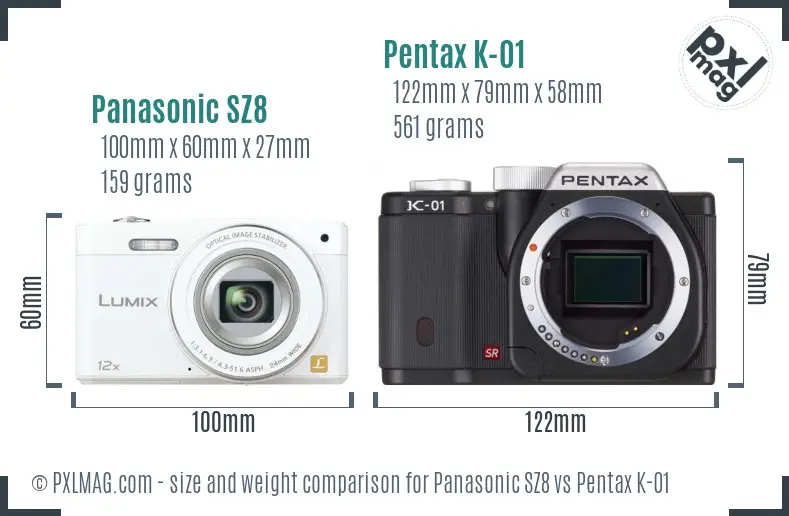 Panasonic SZ8 vs Pentax K-01 size comparison