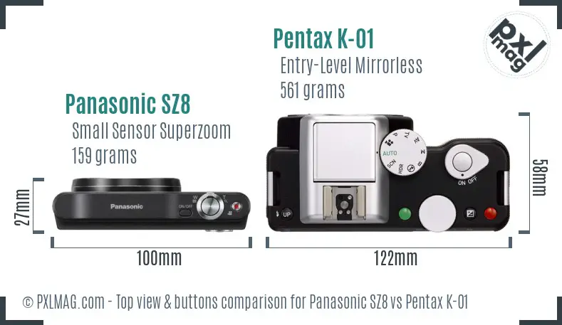 Panasonic SZ8 vs Pentax K-01 top view buttons comparison