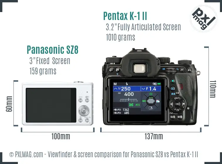 Panasonic SZ8 vs Pentax K-1 II Screen and Viewfinder comparison