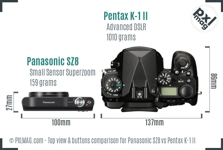 Panasonic SZ8 vs Pentax K-1 II top view buttons comparison