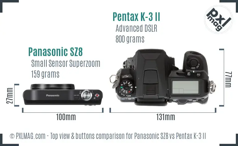 Panasonic SZ8 vs Pentax K-3 II top view buttons comparison