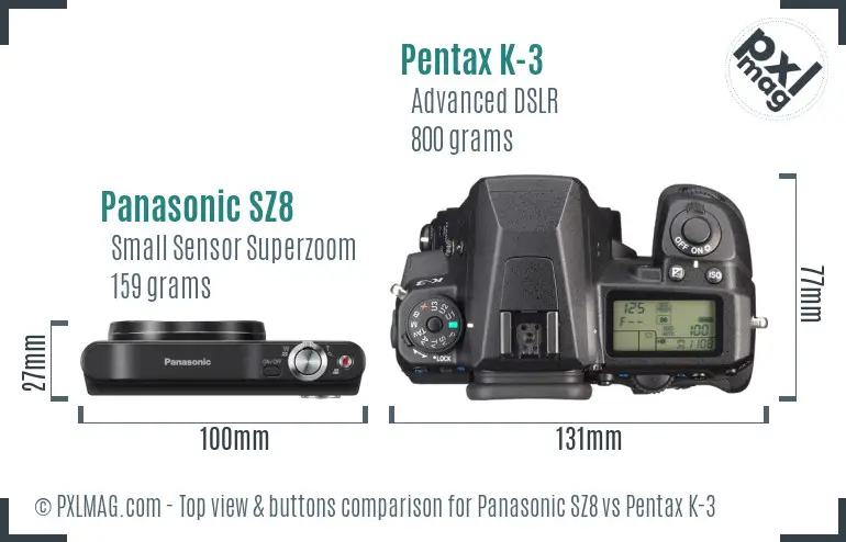 Panasonic SZ8 vs Pentax K-3 top view buttons comparison