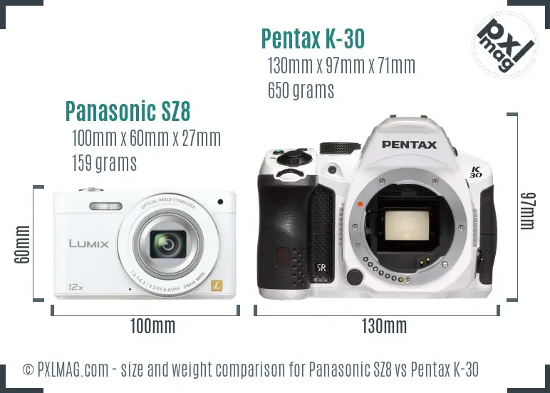 Panasonic SZ8 vs Pentax K-30 size comparison