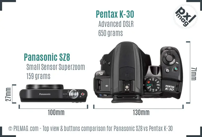 Panasonic SZ8 vs Pentax K-30 top view buttons comparison