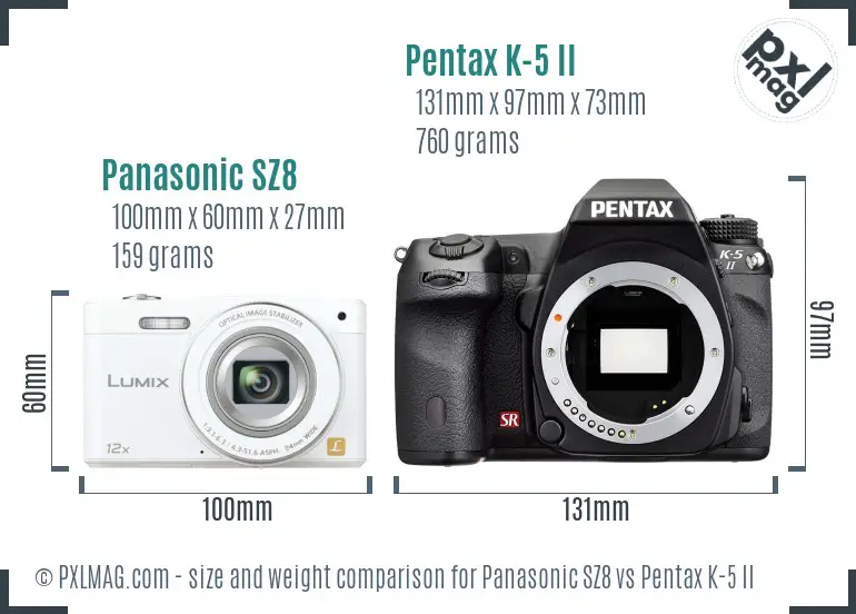 Panasonic SZ8 vs Pentax K-5 II size comparison