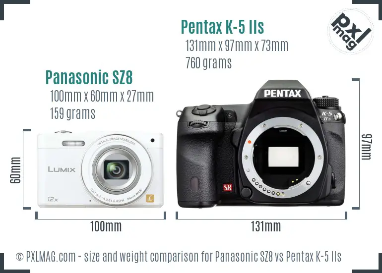 Panasonic SZ8 vs Pentax K-5 IIs size comparison