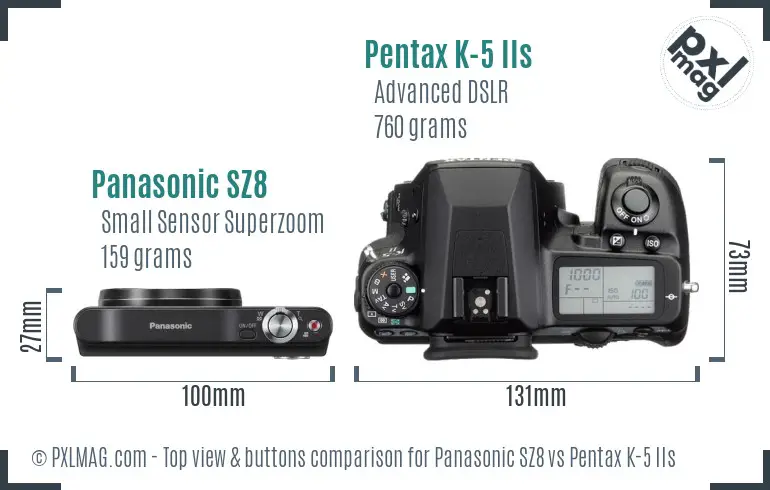 Panasonic SZ8 vs Pentax K-5 IIs top view buttons comparison