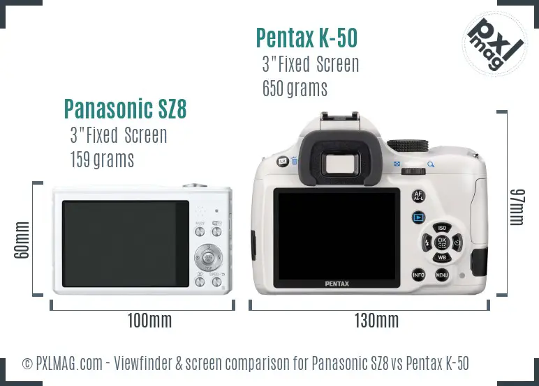 Panasonic SZ8 vs Pentax K-50 Screen and Viewfinder comparison