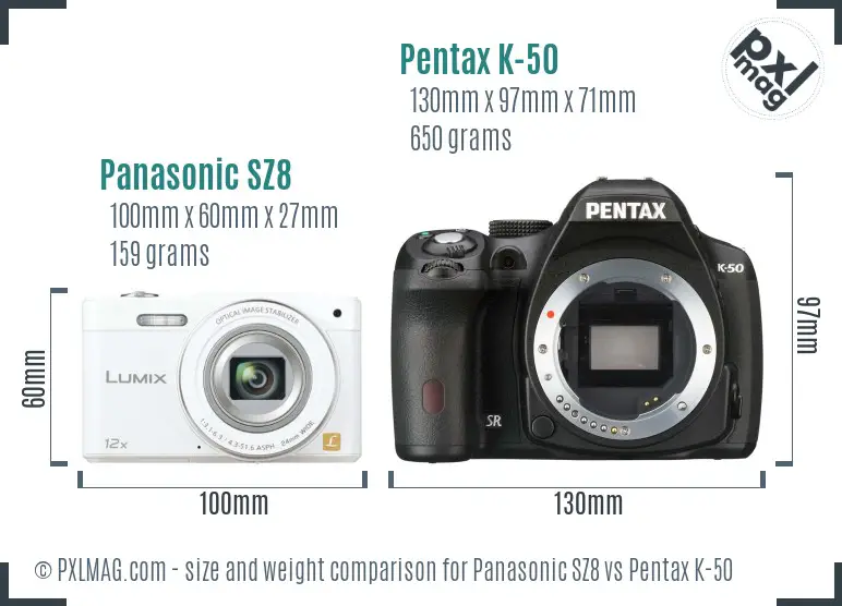 Panasonic SZ8 vs Pentax K-50 size comparison