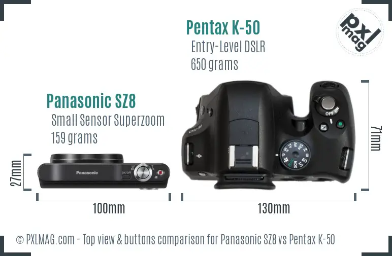 Panasonic SZ8 vs Pentax K-50 top view buttons comparison