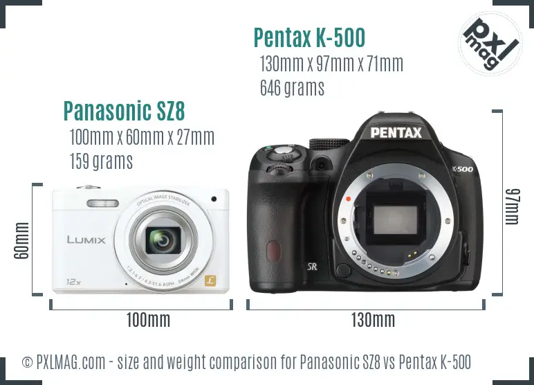 Panasonic SZ8 vs Pentax K-500 size comparison