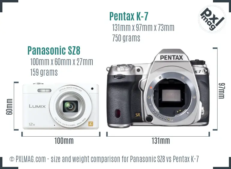 Panasonic SZ8 vs Pentax K-7 size comparison