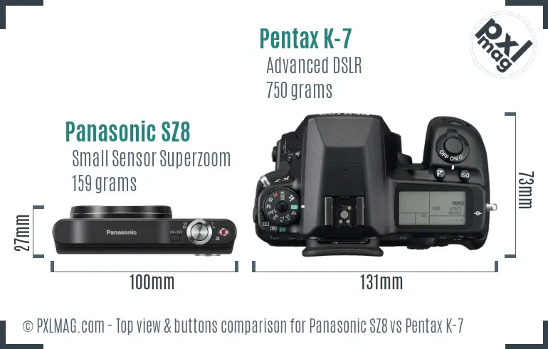 Panasonic SZ8 vs Pentax K-7 top view buttons comparison
