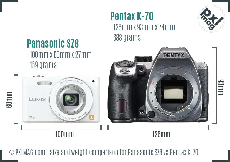 Panasonic SZ8 vs Pentax K-70 size comparison