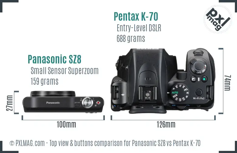 Panasonic SZ8 vs Pentax K-70 top view buttons comparison