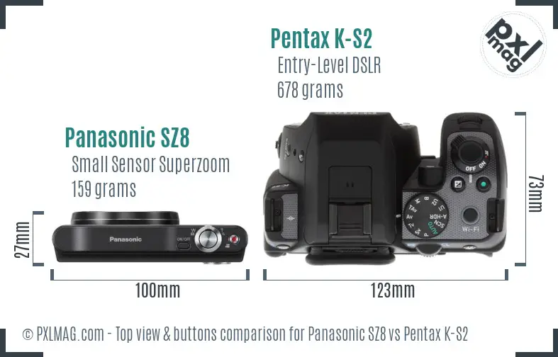 Panasonic SZ8 vs Pentax K-S2 top view buttons comparison