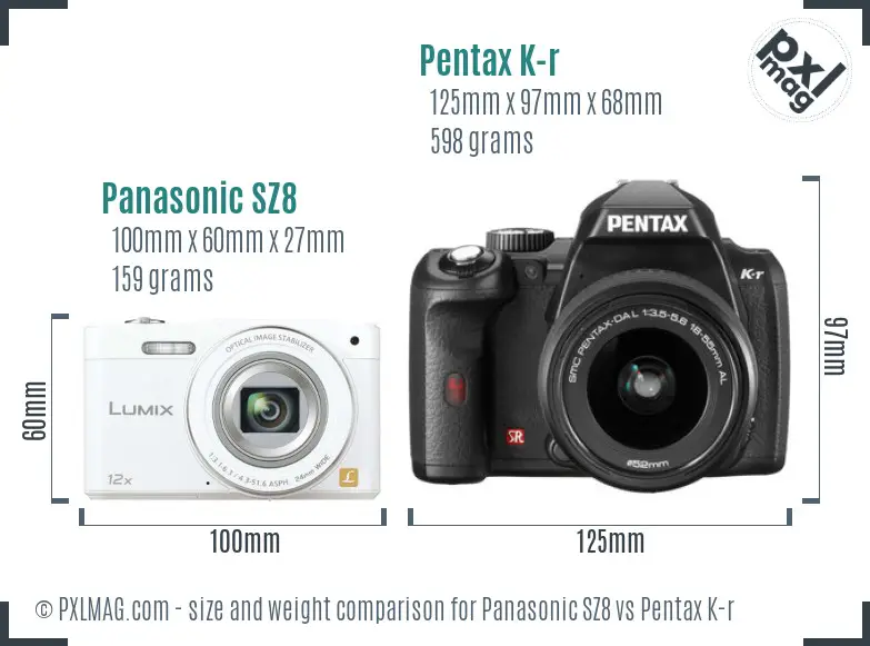 Panasonic SZ8 vs Pentax K-r size comparison