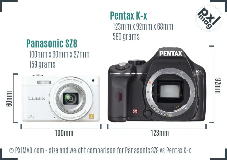 Panasonic SZ8 vs Pentax K-x size comparison