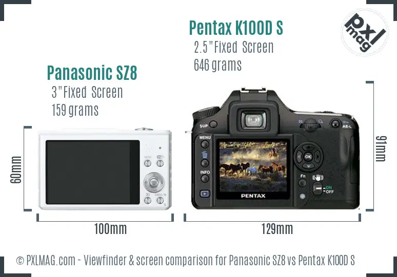 Panasonic SZ8 vs Pentax K100D S Screen and Viewfinder comparison