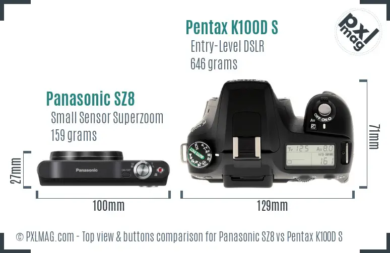Panasonic SZ8 vs Pentax K100D S top view buttons comparison