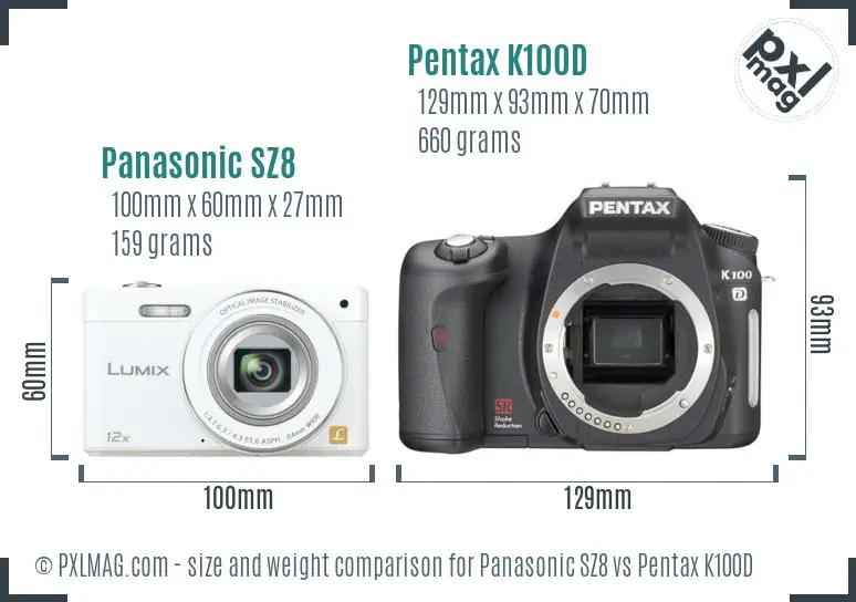 Panasonic SZ8 vs Pentax K100D size comparison