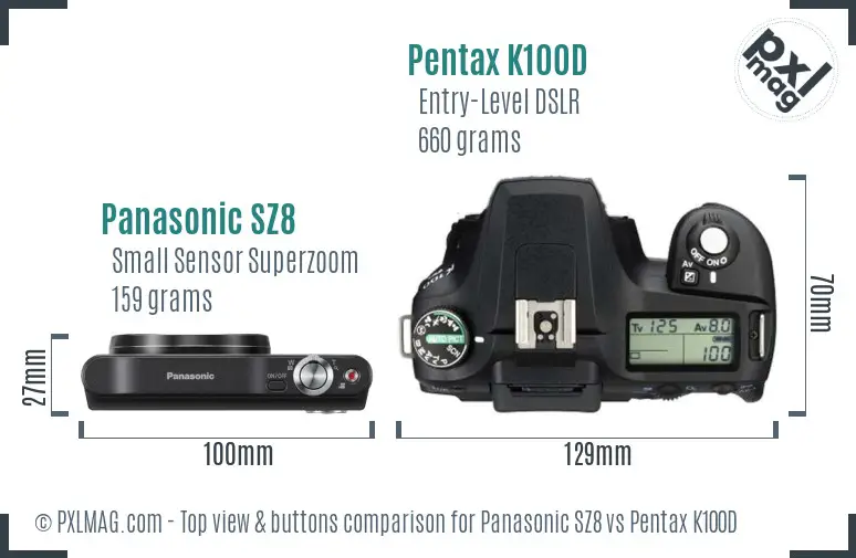 Panasonic SZ8 vs Pentax K100D top view buttons comparison