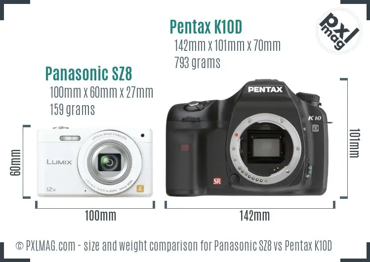 Panasonic SZ8 vs Pentax K10D size comparison
