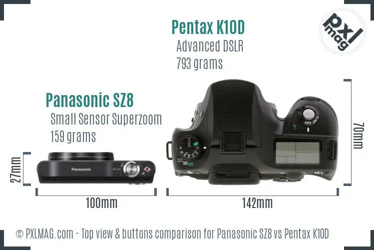 Panasonic SZ8 vs Pentax K10D top view buttons comparison
