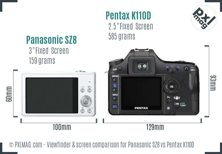 Panasonic SZ8 vs Pentax K110D Screen and Viewfinder comparison