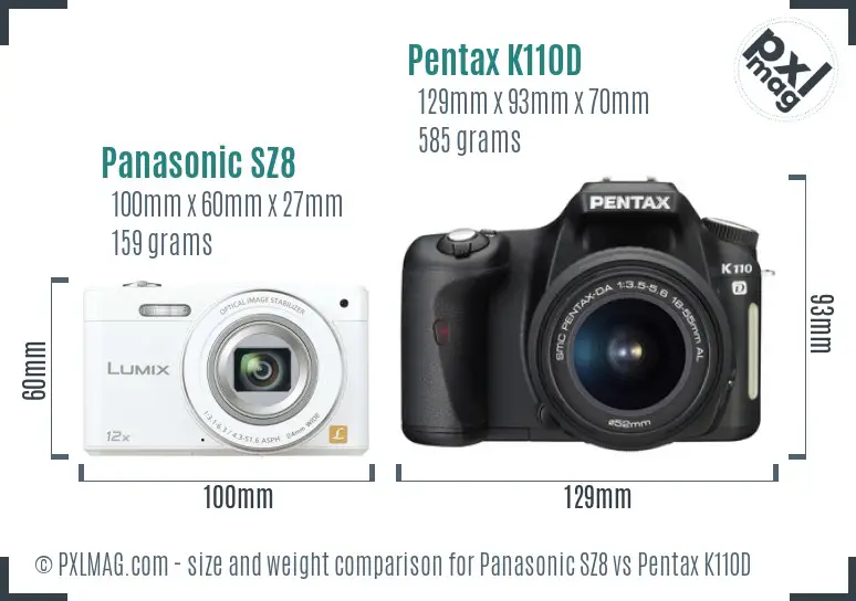 Panasonic SZ8 vs Pentax K110D size comparison